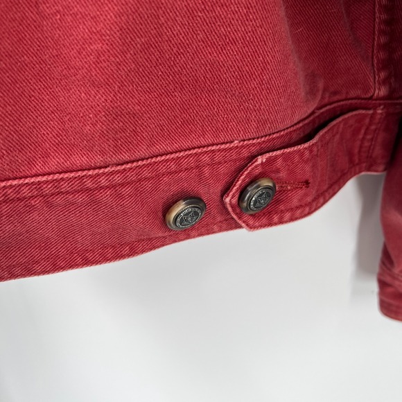Vintage 80s Lizwear croped trucker denim jacket burgundy red corduroy accent M - Picture 12 of 16